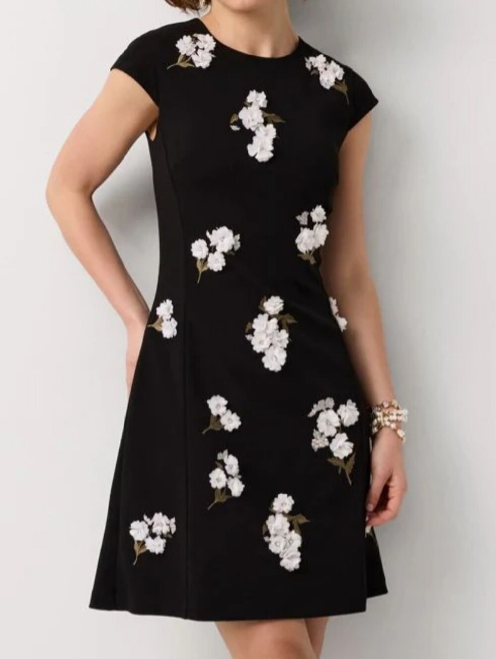 White House Black Market Black A-Line Dress with White Floral Embroidery